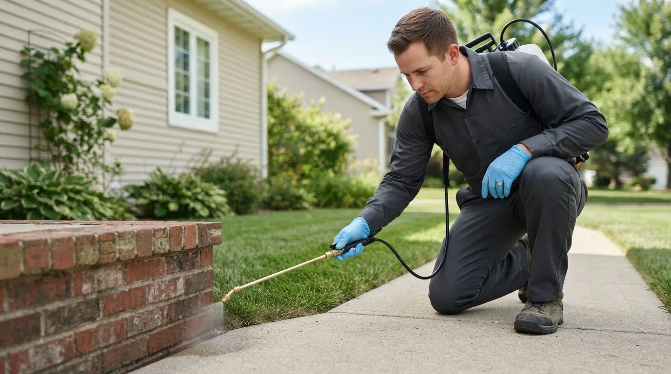 Pest control technician treating a home near Victoria, KS