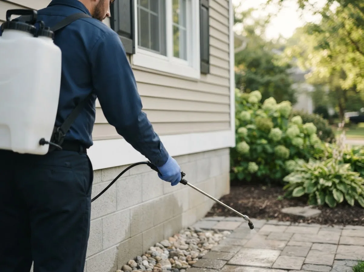 Pest control technician inspecting a home in Victoria, KS